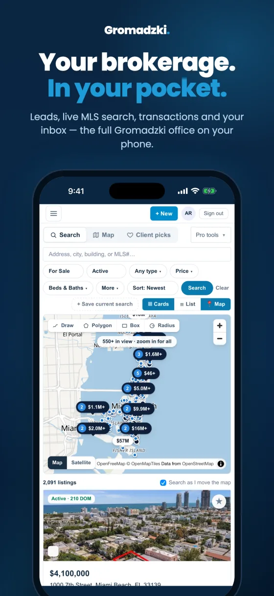Gromadzki Office app on iPhone — your brokerage in your pocket: leads, live MLS search, transactions and inbox