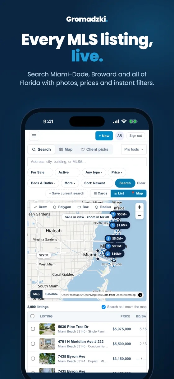 Gromadzki Office app — every MLS listing live across Miami-Dade, Broward and Florida with photos, prices and filters