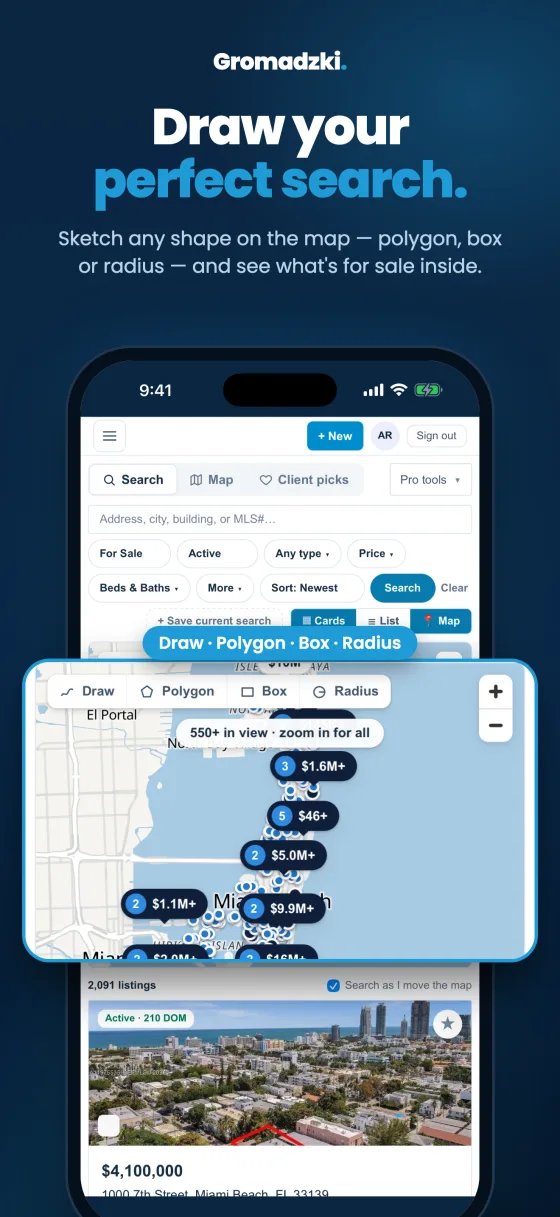 Gromadzki Office app — draw a polygon, box or radius on the map to search a custom area