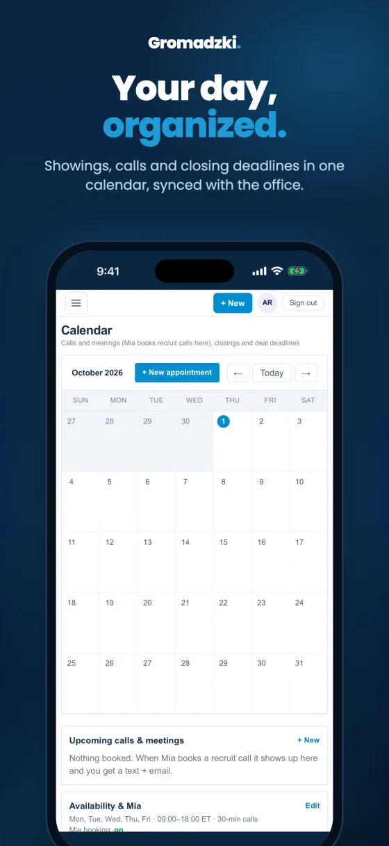 Gromadzki Office app — one calendar for showings, calls and closing deadlines, synced with the office